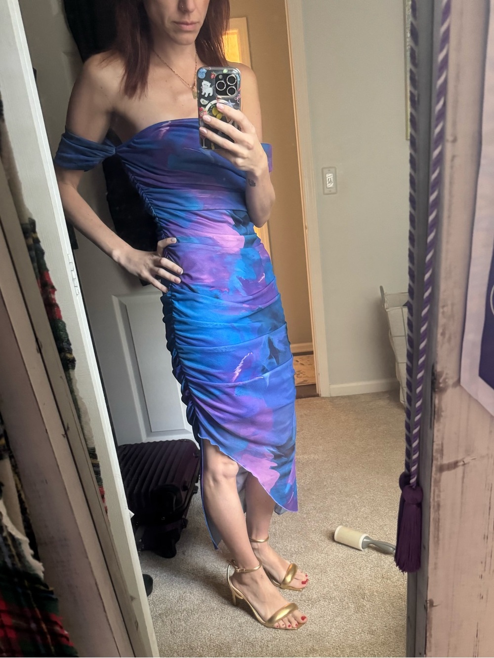 SHEIN Off-The-Shoulder Midi Dress in Blue & Purple Abstract